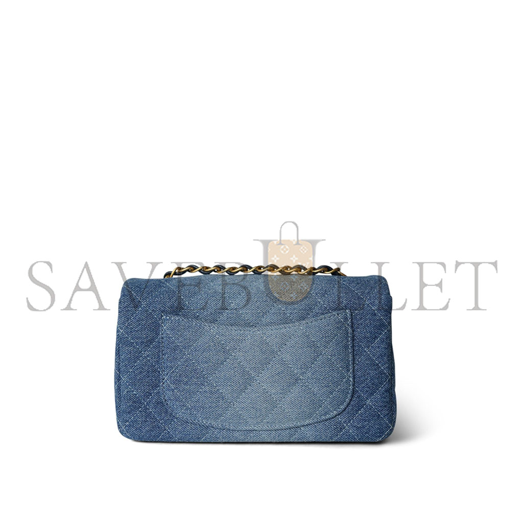 CHANEL 24S BLUE DENIM QUILTED MINI RECTANGULAR FLAP AGED AS6990 (20*12*7cm)